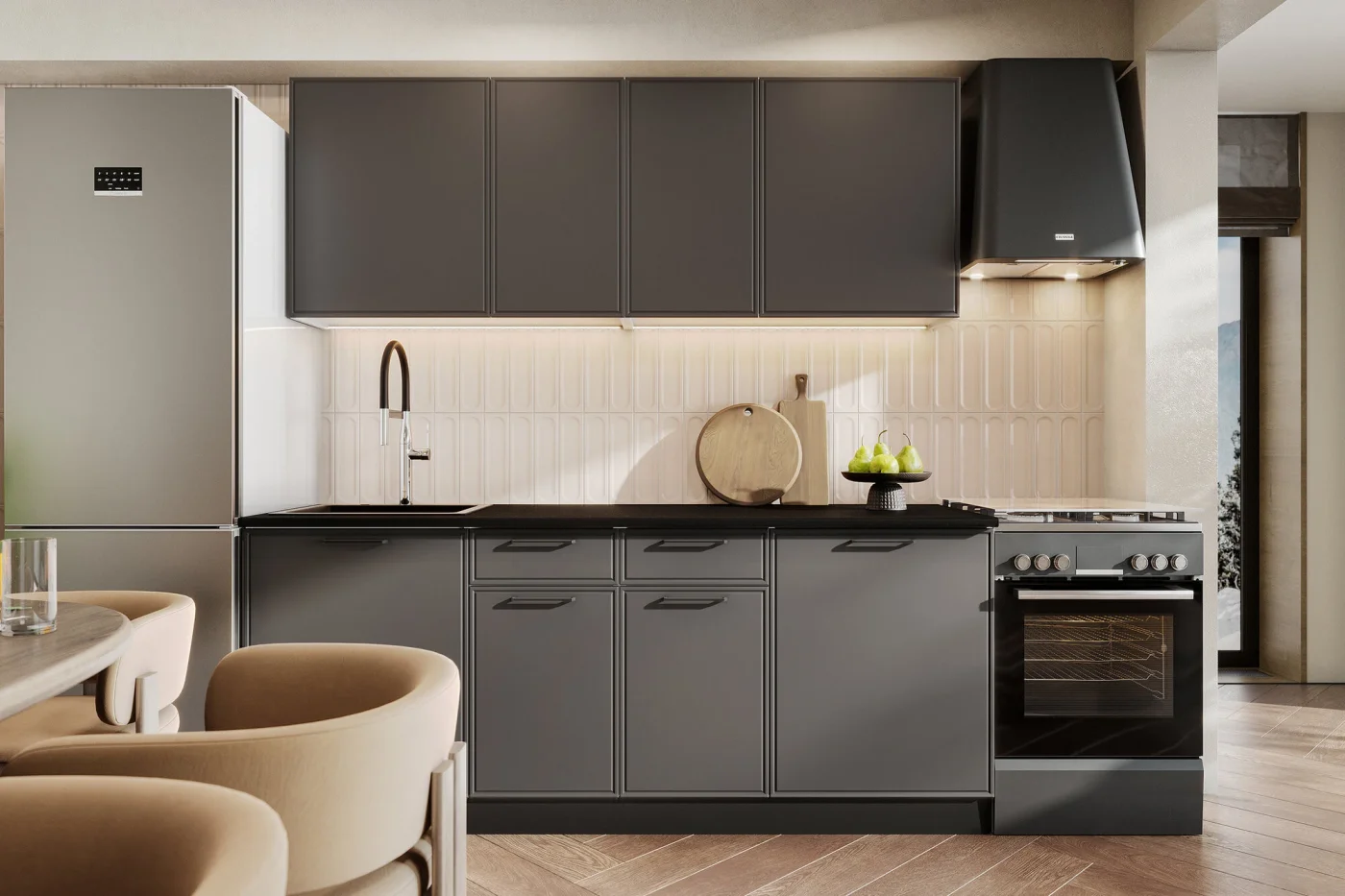 Кухонный гарнитур Нонтон Арнуво, 200 см, графит / черная столешница